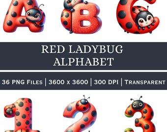 以下が含まれることがあります： 赤いテントウムシをモチーフにしたアルファベットと数字のイラスト。文字A、B、Cと数字1、2、3が表示されています。画像には「RED LADYBUG ALPHABET」というテキストも含まれています。