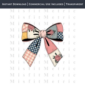 Patchwork Bow PNG | Vintage Coquette Ribbon Design | Shirt Mug Tote Sublimation Download