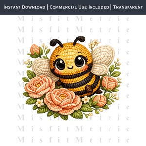 Kwiatowy wzór pszczoły PNG | Kawaii projekt ogrodu z trzmielem | Wiosenna koszulka, kubek, torba, sublimacja do pobrania