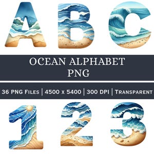 May include: Watercolor alphabet and numbers with an ocean theme. The letters A, B, and C, along with the numbers 1, 2, and 3, are depicted with blue waves, sandy beaches, and a sunny sky. The text "OCEAN ALPHABET PNG" is also included.
