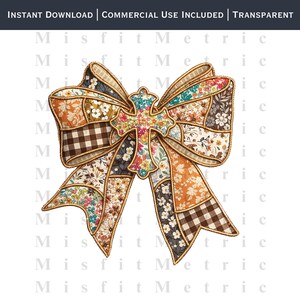 May include: A decorative bow with a patchwork design featuring floral, gingham, and solid fabric patterns in shades of orange, brown, and blue. The bow has a gold trim and a cross-shaped center. The text "INSTANT DOWNLOAD | COMMERCIAL USE INCLUDED | TRANSPARENT" is at the top.