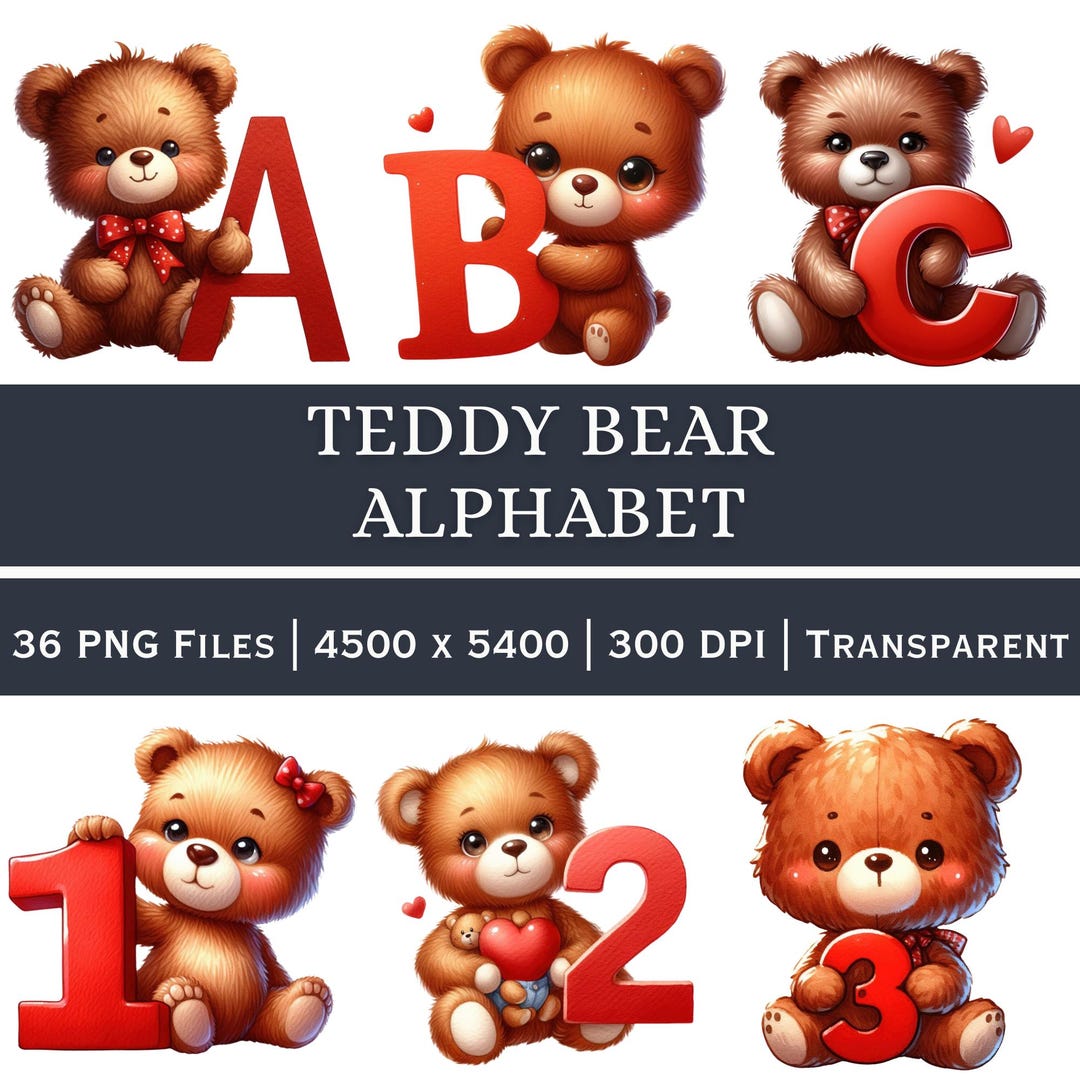 Teddy Bear Alphabet Numbers PNG – Nursery Decor Clipart (digital ...