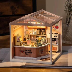 DIY Dollhouse Kit – Super Bubble Tea Shop Miniature Café | Coffee Shop Dollhouse | Mini Craft Kit with LED | Gift for Adults & Teens
