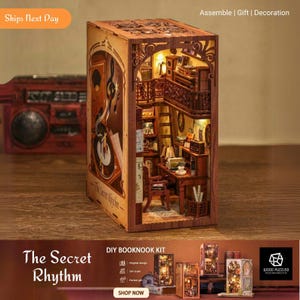 Secret Rhythm DIY ブックコーナーキット | LED ブックシェルフインサート | 3D 木製ミニチュアジオラマ | 手作り DIY ブックコーナーギフト