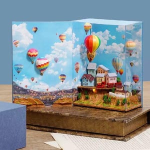 Hot Air Balloon Book Nook DIY Kit – Wooden Miniature Book Scenery Shelf Insert, Whimsical Craft Gift for Adults & Teens