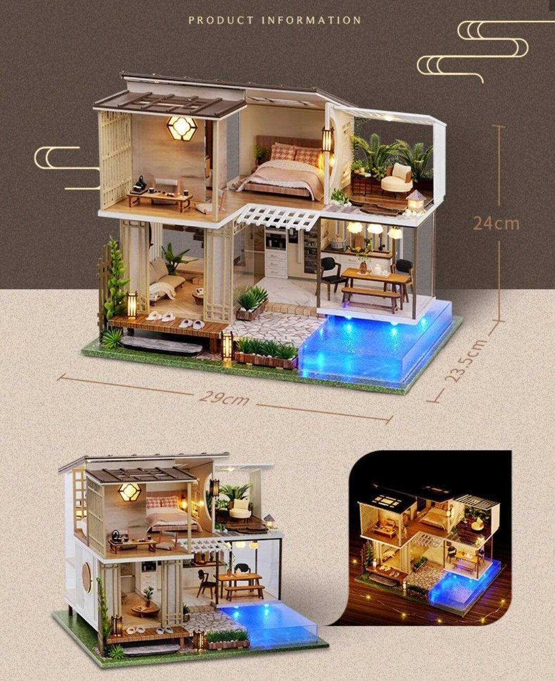 Mini-Villa Puppenhaus Im Japanischen Stil – DIY Holz-Bausatz, Mit LED, Maßstab 1:24