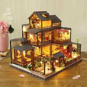DIY Japanese Style Villa Wooden Miniature Doll House kit Large Scale with light Adult Craft Birthday Gift Decor