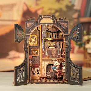 Count Cat Study DIY Book Nook Kit - Miniature Bookshelf Decor with LED Lights, Meow Lovers Bookends, 3D Puzzle & Unique Gift Idea
