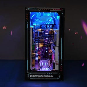 Cyberworld Book Nook DIY Kit – Futuristic Miniature Book Shelf Insert, Cyber City Scenery, Modern Alley Book Nook Craft Kit