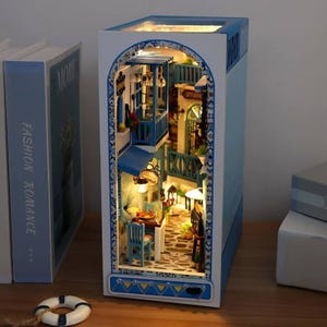 Alley in Santorini DIY Book Nook Kit – Miniature Book Shelf Insert with Light, Greek Island Diorama, Handmade Gift Decor
