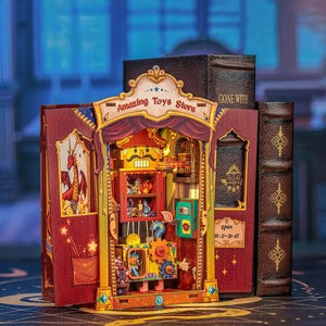 DIY Amazing Toy Store Book Nook Kit - Miniature Wooden Dollhouse with LED Light, 3D Puzzle Bookshelf Insert, Unique Gift Idea