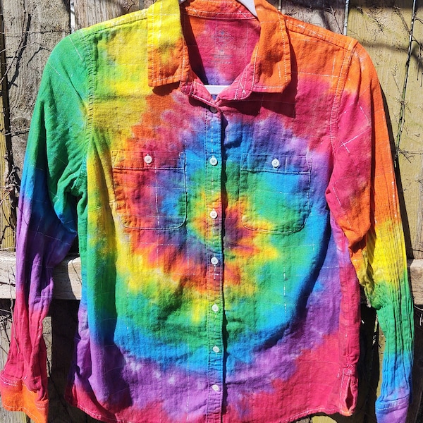 Medium Women's cut tie dyed plaid shirt - Rainbow swirl