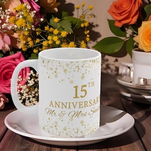 Personalized 15th Anniversary Gold Mr & Mrs Name Coffee Cup, Wedding Gift, Custom Ceramic Mug, Couples Present, Marriage Celebration