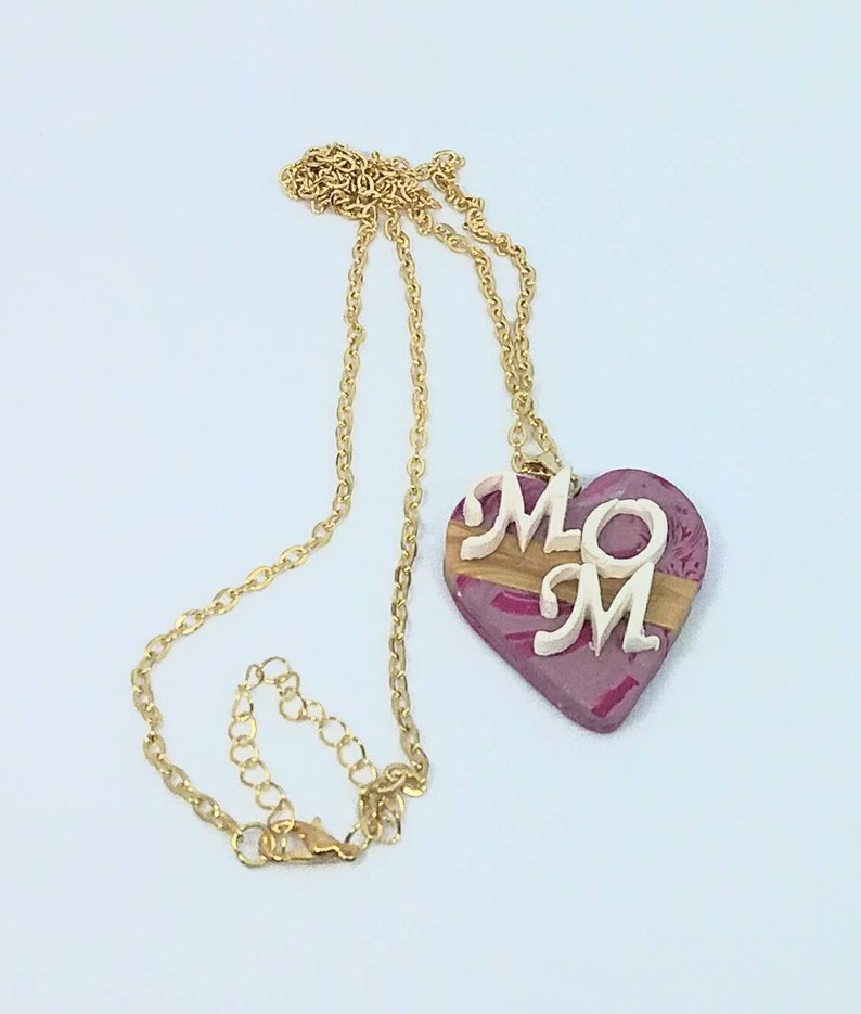 MOM Necklace in Marbled Pink and Gold Polymer Clay on Gold Tone Stainless Steel Chain with Lobster Claw Clasp