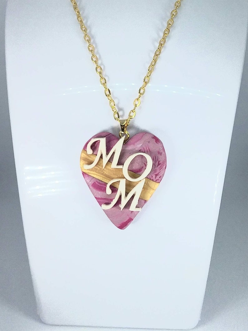 MOM Necklace in Marbled Pink and Gold Polymer Clay on Gold Tone Stainless Steel Chain with Lobster Claw Clasp