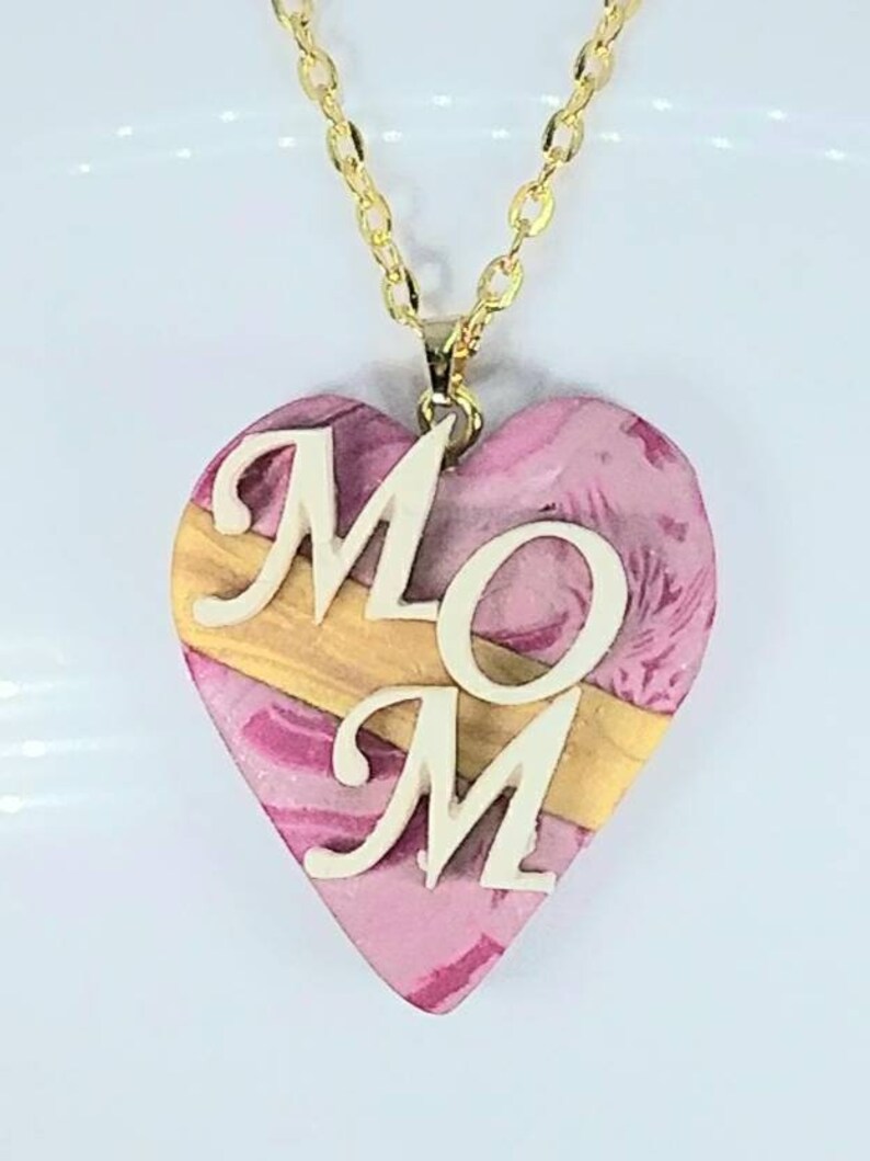 MOM Necklace in Marbled Pink and Gold Polymer Clay on Gold Tone Stainless Steel Chain with Lobster Claw Clasp