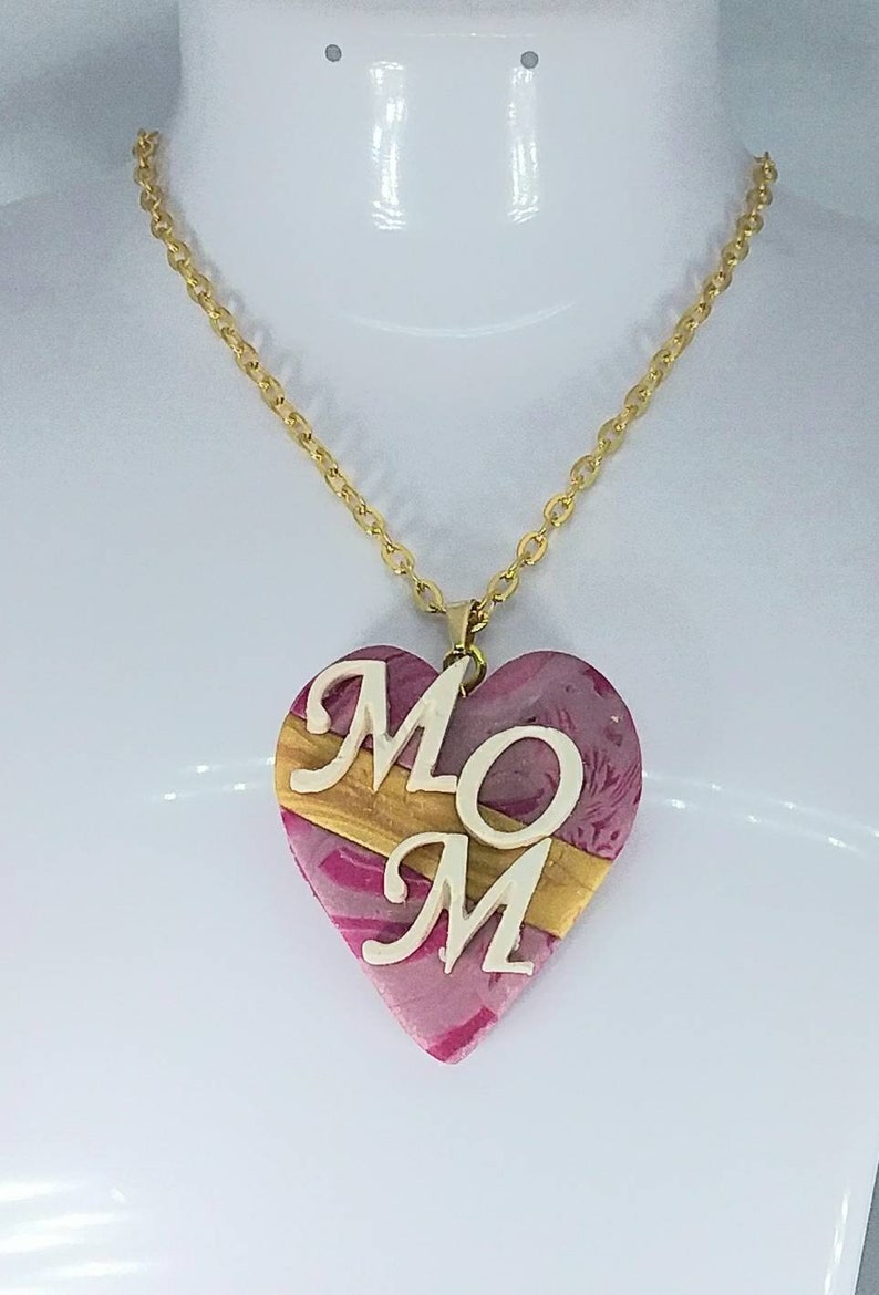 MOM Necklace in Marbled Pink and Gold Polymer Clay on Gold Tone Stainless Steel Chain with Lobster Claw Clasp