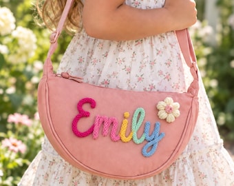 Borsa a tracolla personalizzata per bambini, borsetta con nome in filato personalizzato, borsa a tracolla floreale per bambini piccoli