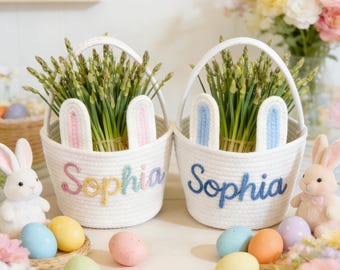 Cestino pasquale personalizzato/Cestino pasquale personalizzato con nome personalizzato/Cestino con orecchie da coniglio per bambini/Regalo di Pasqua per bambini/Cestino per la caccia alle uova di Pasqua