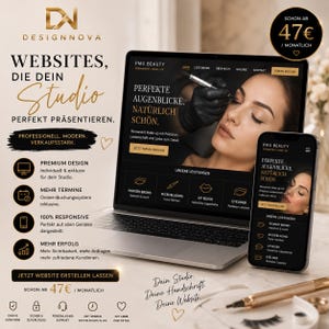 Könnte beinhalten: Ein Laptop und ein Smartphone zeigen eine Website für ein Permanent-Make-up-Studio. Auf dem Bildschirm ist Text wie PMU BEAUTY, PERFEKTE AUGENBLICKE und NATÜRLICH SCHÖN zu sehen, sowie Symbole für Dienstleistungen wie Powder Brows, Microblading und Eyeliner.