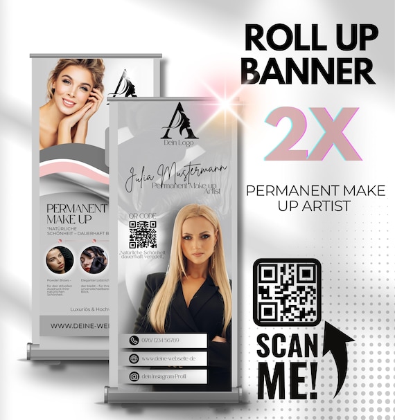Roll Up Banner Permanent Make up, Digitale Visitenkarte | QR-Code | Canva Vorlage | Beauty Studio Design | Digitaler Download