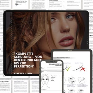 Puede incluir: Una tableta digital que muestra un documento titulado "Formación completa - De los fundamentos a la perfección" con una imagen de primer plano del rostro de una mujer. El documento trata sobre el maquillaje permanente e incluye una guía paso a paso y un plan de tratamiento.