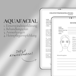 Puede incluir: Una ilustración en blanco y negro de la cara de una mujer con un formulario en blanco para una consulta de tratamiento facial. El formulario incluye secciones para el nombre, la dirección, la fecha de nacimiento, el número de teléfono, el correo electrónico y el plan de tratamiento. El texto "AQUAFACIAL" está en la parte superior del formulario. El texto "Einverständniserklärung" está en la parte superior del formulario. El texto "Behandlungsplan" está en la parte superior del formulario. El texto "Anmerkungen" está en la parte superior del formulario. El texto "Heimpflegeempfehlung" está en la parte superior del formulario. El texto "Jetzt downloaden!" está en la parte inferior del formulario.