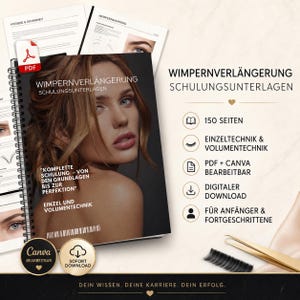 Könnte beinhalten: Ein spiralgebundenes Schulungshandbuch für Wimpernverlängerung mit dem Titel WIMPERNVERLÄNGERUNG SCHULUNGSUNTERLAGEN. Das Cover zeigt das Porträt einer Person, und das Dokument umfasst 150 Seiten zu Einzel- und Volumentechniken, bearbeitbar in Canva.
