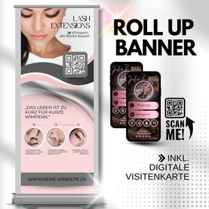 Może przedstawiać: Roll-up banner w kolorze różowo-szarym promujący przedłużanie rzęs. Banner zawiera twarz kobiety, tekst i kody QR. Dwa smartfony wyświetlają cyfrową wizytówkę z kodem QR do zeskanowania.