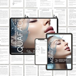 Peut inclure: Un ensemble de matériel de formation pour un traitement facial appelé AquaFacial. Le matériel comprend une tablette, un smartphone et plusieurs pages de texte. Le texte comprend les mots "SchulungsUnterlagen" et "AquaFacial".