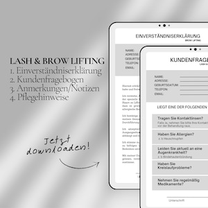 Puede incluir: Un documento con el título "Lash & Brow Lifting" y una lista de cuatro elementos: 1. Einverständniserklärung, 2. Kundenfragebogen, 3. Anmerkungen/Notizen, 4. Pflegehinweise. El documento también incluye el texto "Jetzt downloaden!" con una flecha que apunta hacia la derecha. El documento está en la pantalla de una tableta.