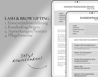 Lash and brow lifting consent form, customer questionnaire, care instructions