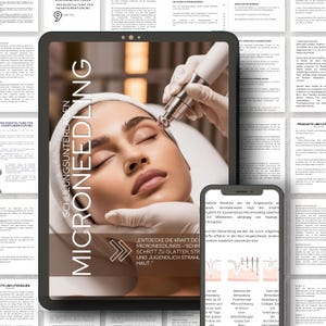May include: A tablet displays a close-up of a woman's face during a microneedling procedure. The screen shows the word "MICRONEEDLING" vertically, with text in German. Additional documents and a smartphone are visible, with diagrams and text related to the procedure.