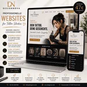 Könnte beinhalten: Ein Laptop und ein Smartphone zeigen die Website des Tattoo-Studios Ink Vision. Auf dem Bildschirm ist eine tätowierende Person zu sehen, dazu deutscher Text und eine Galerie mit Tattoo-Stilen wie Realistic, Black & Grey und Dotwork.