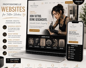 May include: A laptop and a smartphone displaying a website for a tattoo studio named Ink Vision. The screen shows a person tattooing, text in German, and a gallery of tattoo styles including realistic, black and grey, fine line, and dotwork.