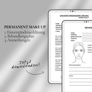 Könnte beinhalten: Eine Schwarzweißillustration eines Frauen Gesichts mit einem leeren Formular für eine Permanent-Make-up-Beratung. Das Formular enthält Abschnitte für den Namen des Kunden, die Adresse, das Geburtsdatum, die Telefonnummer, die E-Mail und den Behandlungsplan. Der Text "Einverständniserklärung" steht oben auf dem Formular, was mit "Einverständniserklärung" übersetzt wird.
