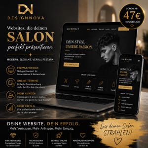 以下が含まれることがあります： Haircraft Studioというヘアサロンのウェブサイトを表示しているノートパソコンとスマートフォン。画面には「DEIN STYLE. UNSERE PASSION.」や「WEBSITES, DIE DEINEN SALON PERFEKT PRÄSENTIEREN.」といったドイツ語のテキストが表示されており、黒とゴールドの配色が特徴です。