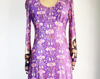 Vestido largo vintage estilo boho psicodélico con estampado floral de los años 60-70 (talla S)