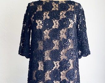 Vestido de cóctel vintage de los años 60 con encaje soutache y cinta negra, talla S/M