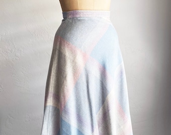 Vintage 1970s Pastel Blue Plaid Wool Blend A-line Skirt XS