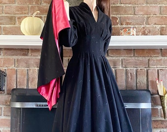 1940s Black Wool Princess Dress Shawl Set Full Skirt Swing Embroidered XS