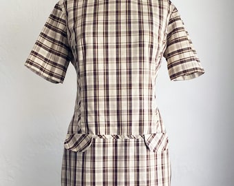 Vestido camisero vintage marrón a cuadros estilo mod de los años 60, talla M/L