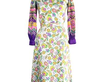 Conjunto vintage de top y falda de los años 60, acolchado con estampado psicodélico de cachemir, talla XS