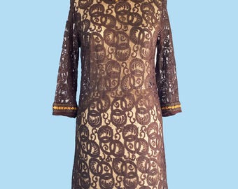 Vintage 1960s Sheer Brown Lace Embroidered Mod Cocktail Dress S/M