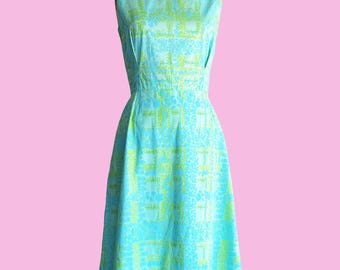 1960s Hawaiian Maxi Dress Blue Lime Floral Print S