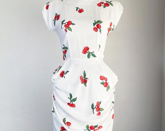 Vintage 1980s does 1940s Cherry Print White Rayon Pin-up Dress XS/S
