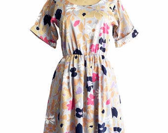 Vestido vintage de algodón con estampado floral abstracto de los años 70, talla S/M