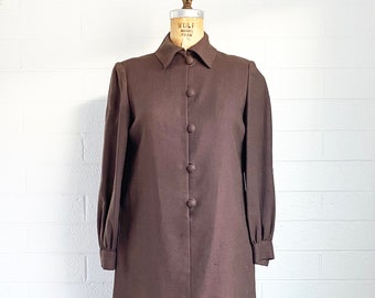 1960s Vintage Mod Dress Brown Button Shift Dress Puff Sleeves M