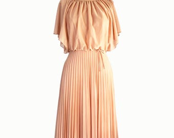 1970s Peach Pink Draped & Pleated Chiffon Maxi Dress XS/S
