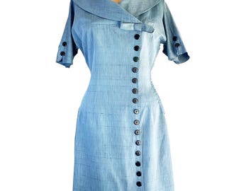 Vintage 1950s Blue Wiggle Dress Asymmetrical Buttons Shawl Collar M